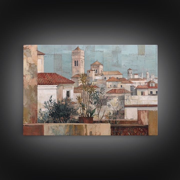 Sunset over Red Tiled Rooftops Canvas Print, Mediterranean Art, Original Painting, Living Room Decor, Fine Art, Azure, MAR-3x2-3