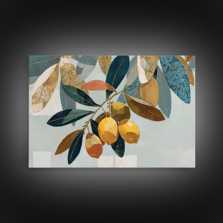 Olive Branch and Lemons on Terracotta Ground Canvas Print, Mediterranean Art, Horizontal Wall Art, Living Room Decor, Azure, MAR-3x2-30