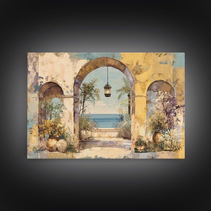 Mediterranean Arch Framing Ocean Horizon Canvas Print, Mediterranean Art, Modern Wall Art, Living Room Decor, Azure, MAR-3x2-31