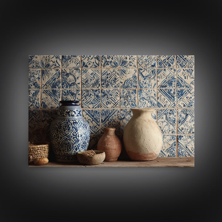 Blue and White Tile Pattern Canvas Print, Mediterranean Art, Printable Art, Living Room Decor, Azure, Minimalist Wall Art, MAR-3x2-32