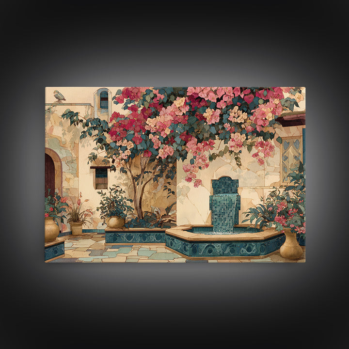 Bougainvillea Cascading over Stone Wall Canvas Print, Mediterranean Art, Watercolor Painting, Living Room Decor, Azure, MAR-3x2-33