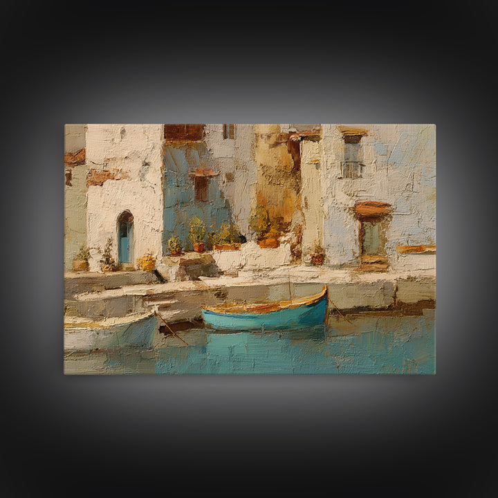 Coastal Fishing Boats Framed Canvas Print, Mediterranean Art, Nautical Decor, Living Room Decor, Azure, Coastal Wall Decor, MAR-3x2-35