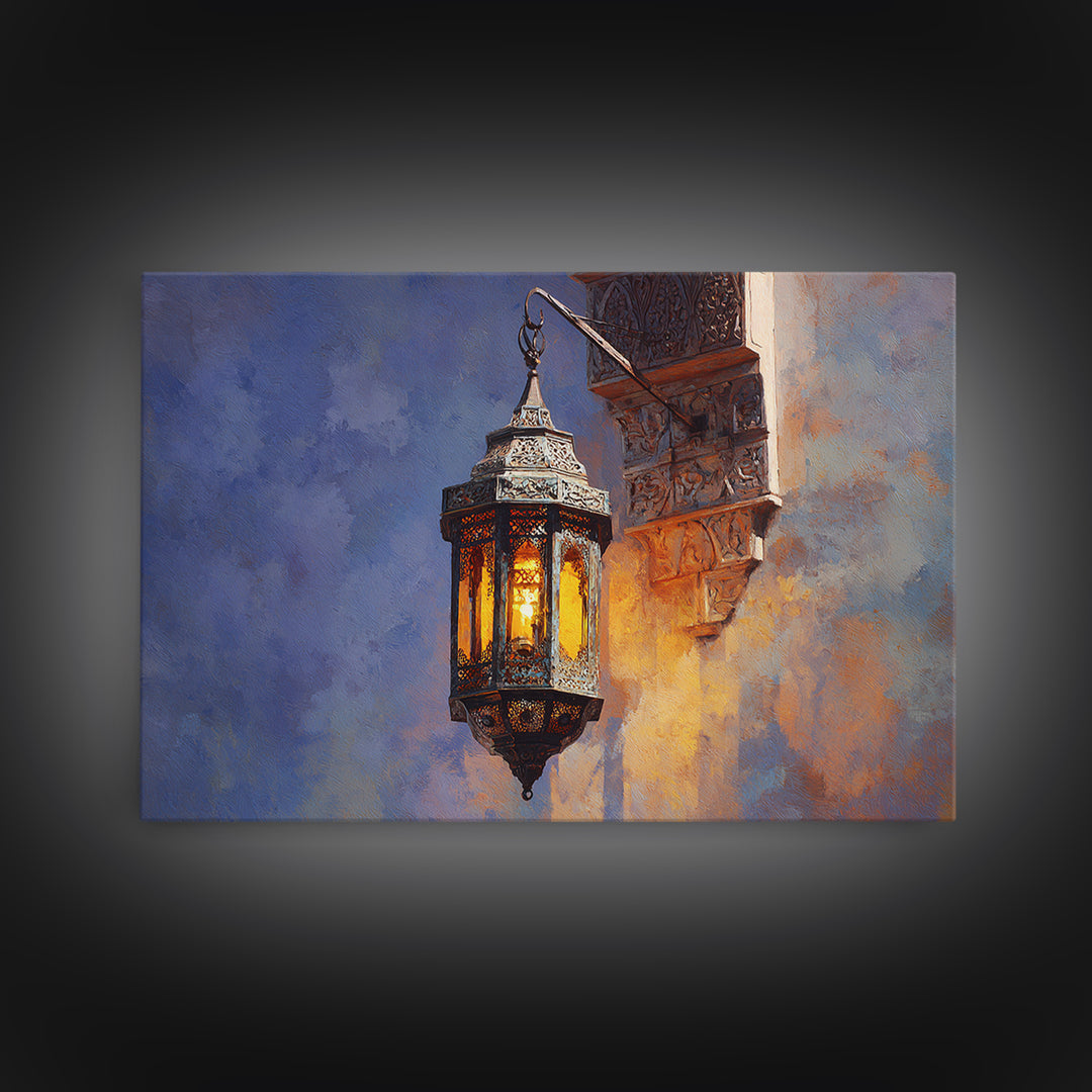 Moroccan Influenced Lantern Canvas Print, Mediterranean Art, Modern Wall Art, Living Room Decor, Oil Painting, Azure, MAR-3x2-37
