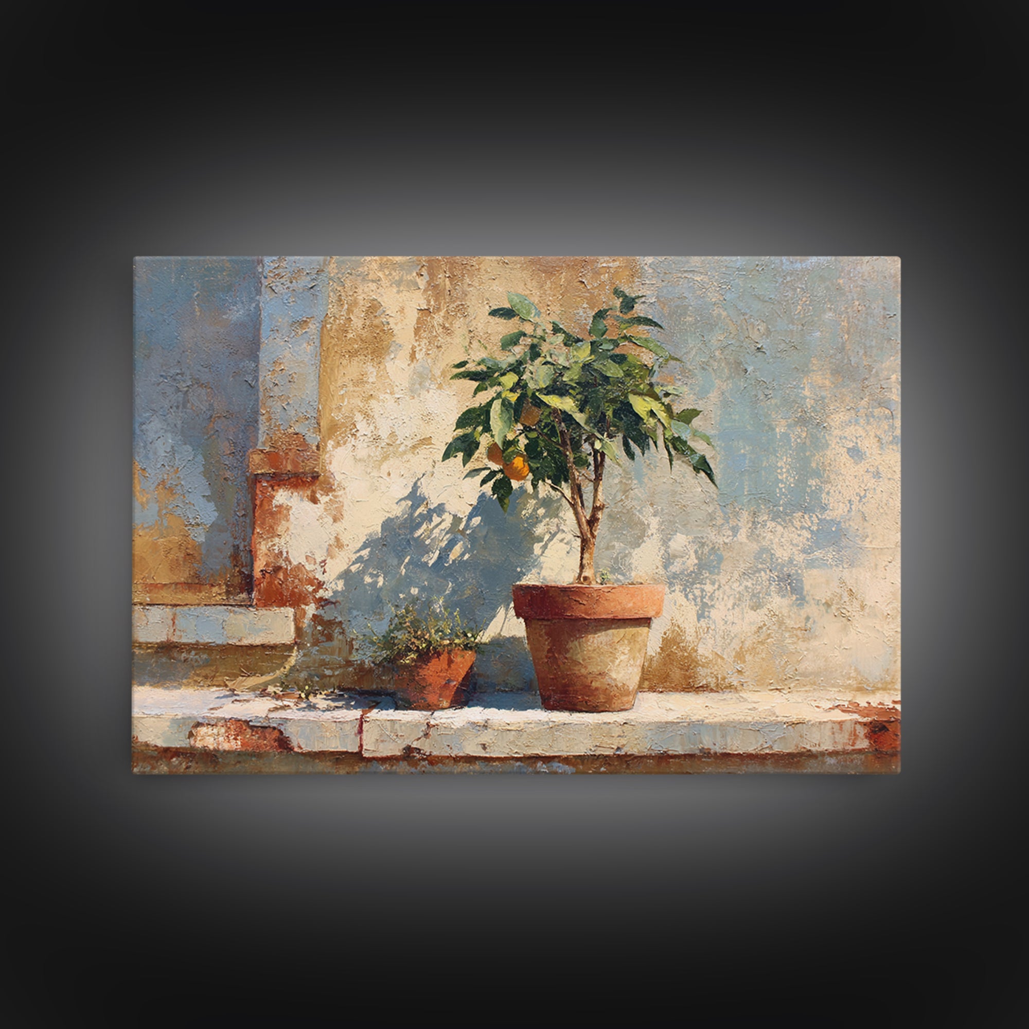 Citrus Tree in Clay Pot Canvas Print, Mediterranean Art, Digital Print, Living Room Decor, Fine Art, Azure, Coastal Decor, MAR-3x2-38