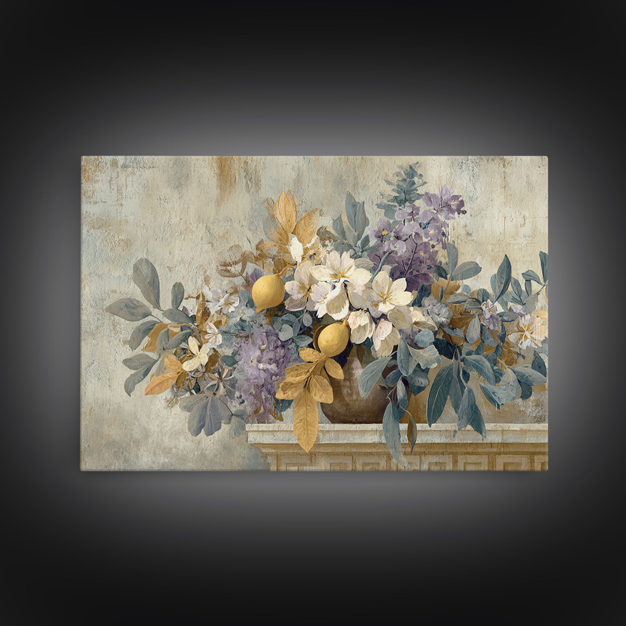 Greek Vase Modern Floral Design Canvas Print, Mediterranean Art, Digital Art Prints, Living Room Decor, Fine Art, Azure, MAR-3x2-43