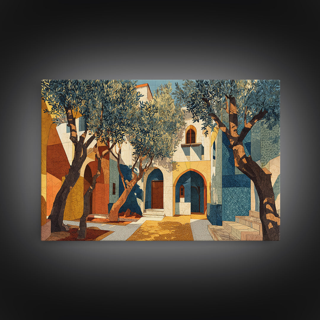 Olive Grove under Pale Morning Light Framed Canvas Print, Mediterranean Art, Nautical Decor, Living Room Decor, Fine Art, Azure, MAR-3x2-45