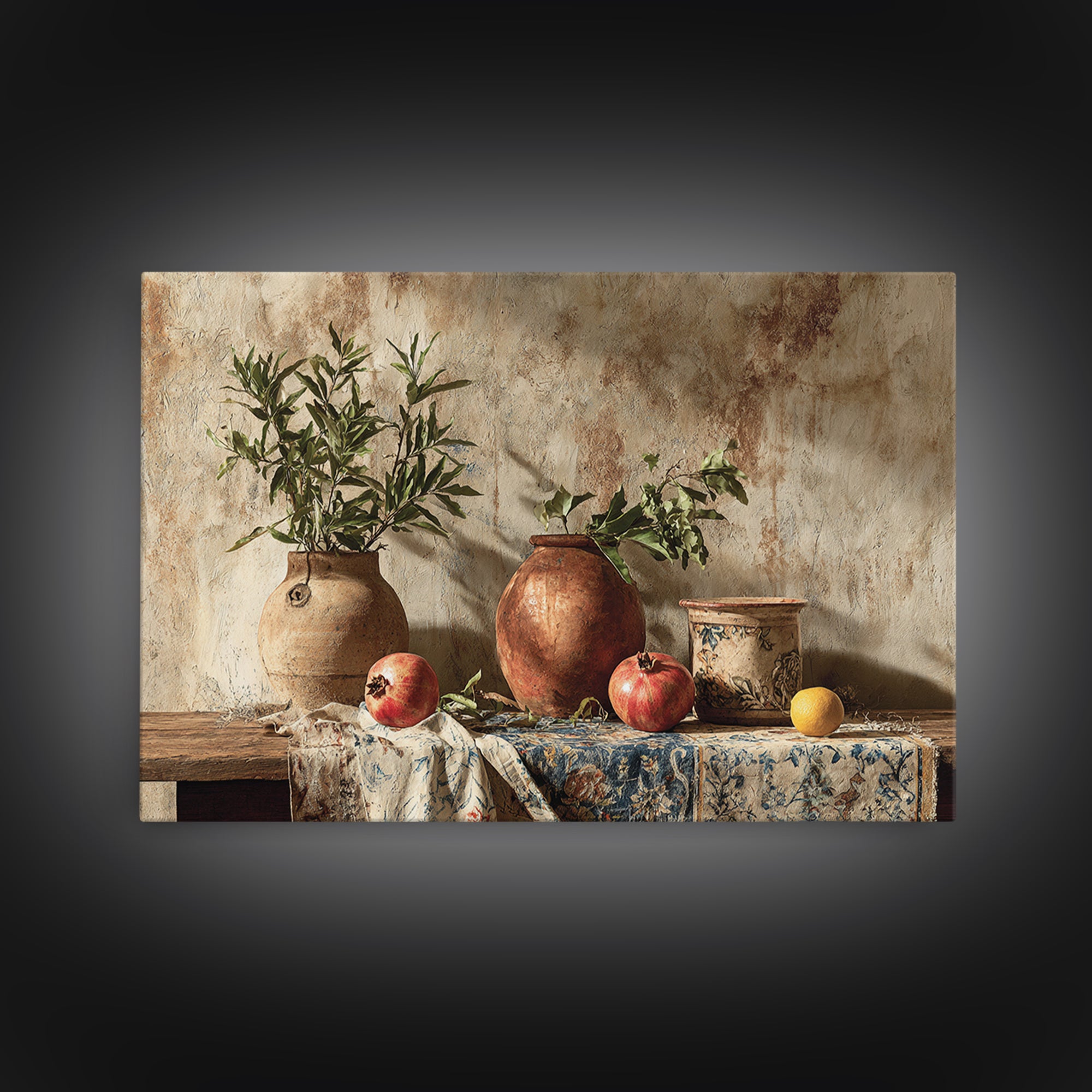 Pomegranate Still Life Framed Canvas Print, Mediterranean Art, Living Room Art, Living Room Decor, Oil Painting, Azure, MAR-3x2-47