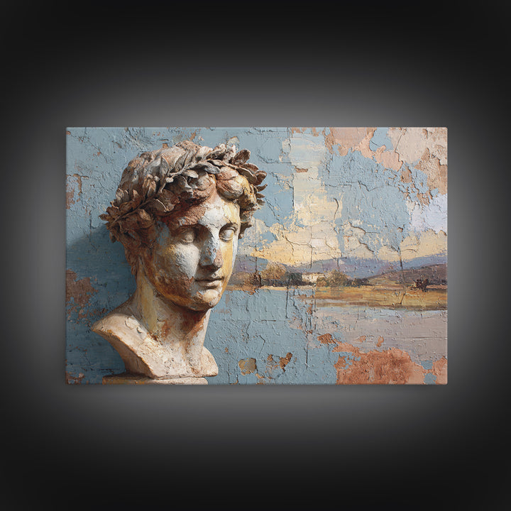Roman Statue Bust Framed Canvas Print, Mediterranean Art, Farmhouse Decor, Living Room Decor, Oil Painting, Azure, MAR-3x2-50