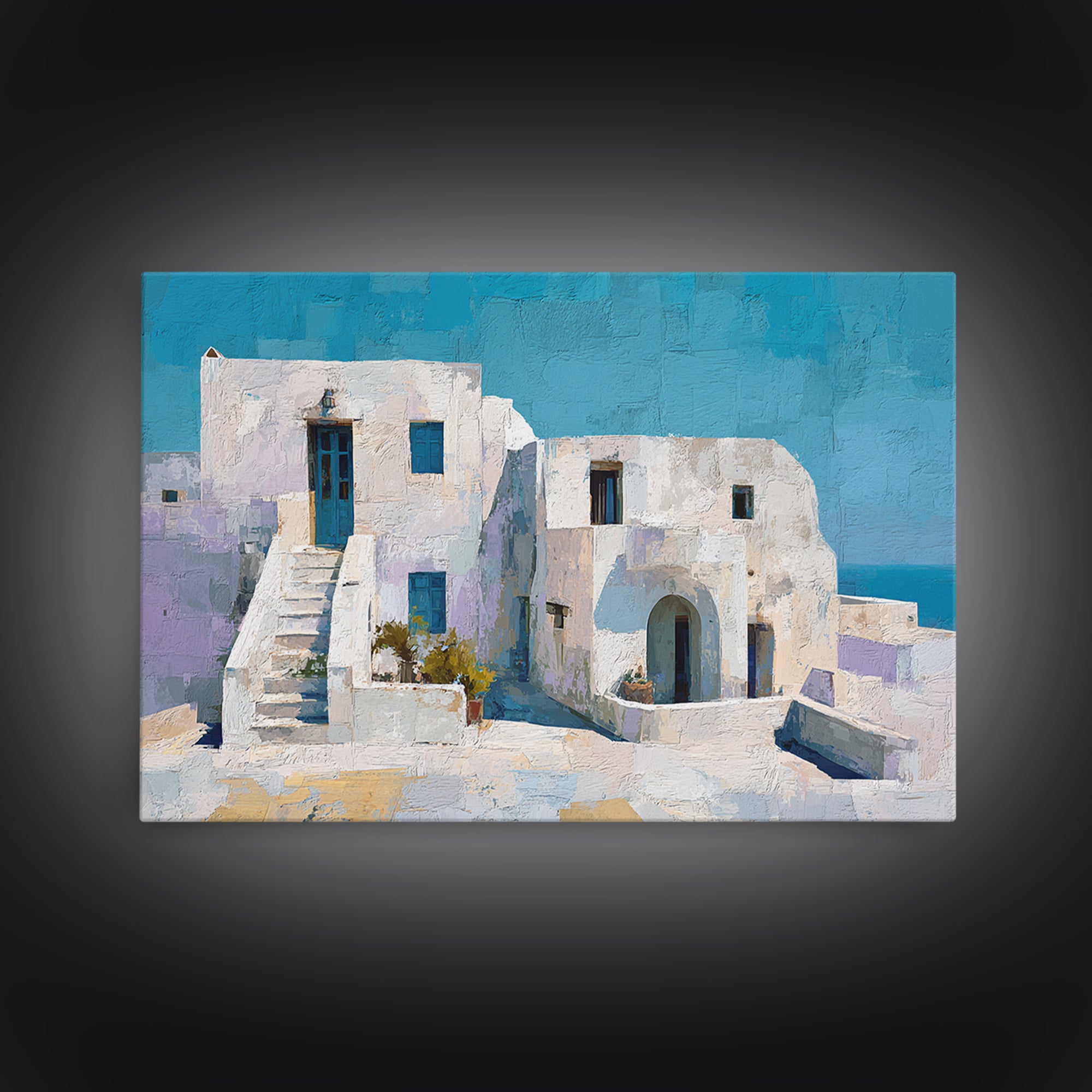 Greek Island White Buildings Above Blue Sea Canvas Print, Mediterranean Art, Digital Art Prints, Living Room Decor, Azure, MAR-3x2-53