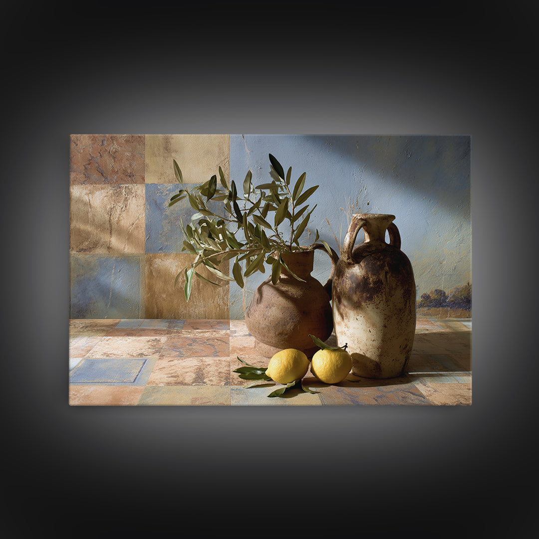 Olive Branch and Lemons on Terracotta Ground Canvas Print, Mediterranean Art, Horizontal Wall Art, Living Room Decor, Azure, MAR-3x2-54
