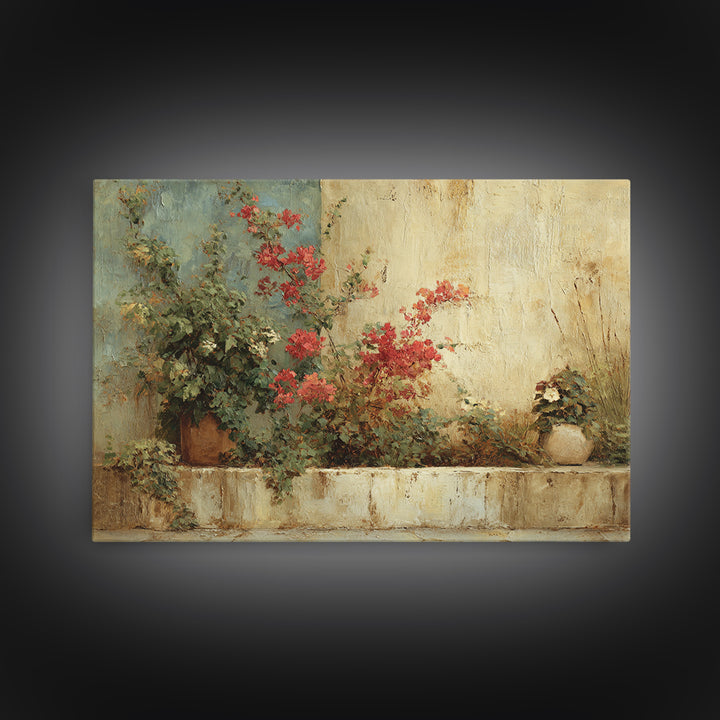 Bougainvillea Cascading over Stone Wall Canvas Print, Mediterranean Art, Watercolor Painting, Living Room Decor, Azure, MAR-3x2-57