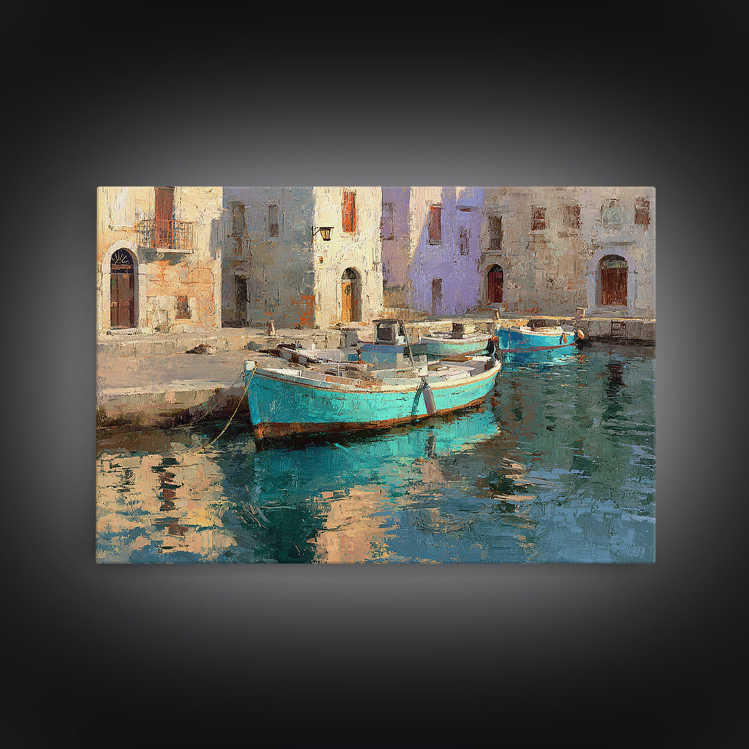 Coastal Fishing Boats Framed Canvas Print, Mediterranean Art, Beach Prints, Living Room Decor, Oil Painting, Azure, Art Print, MAR-3x2-59