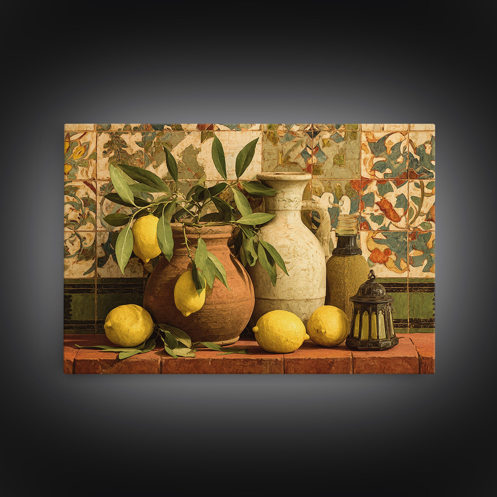 Olive Branch and Lemons on Terracotta Ground Framed Canvas Print, Mediterranean Art, Large Wall Art, Living Room Decor, Azure, MAR-3x2-6
