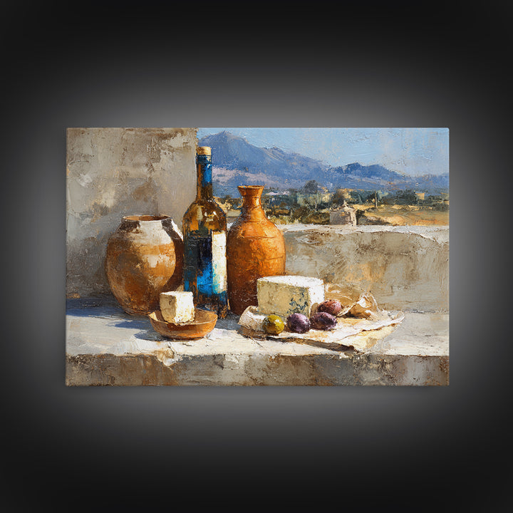 Figs Olives and Cheese Still Life Framed Canvas Print, Mediterranean Art, Minimalist Wall Art, Living Room Decor, Azure, MAR-3x2-60