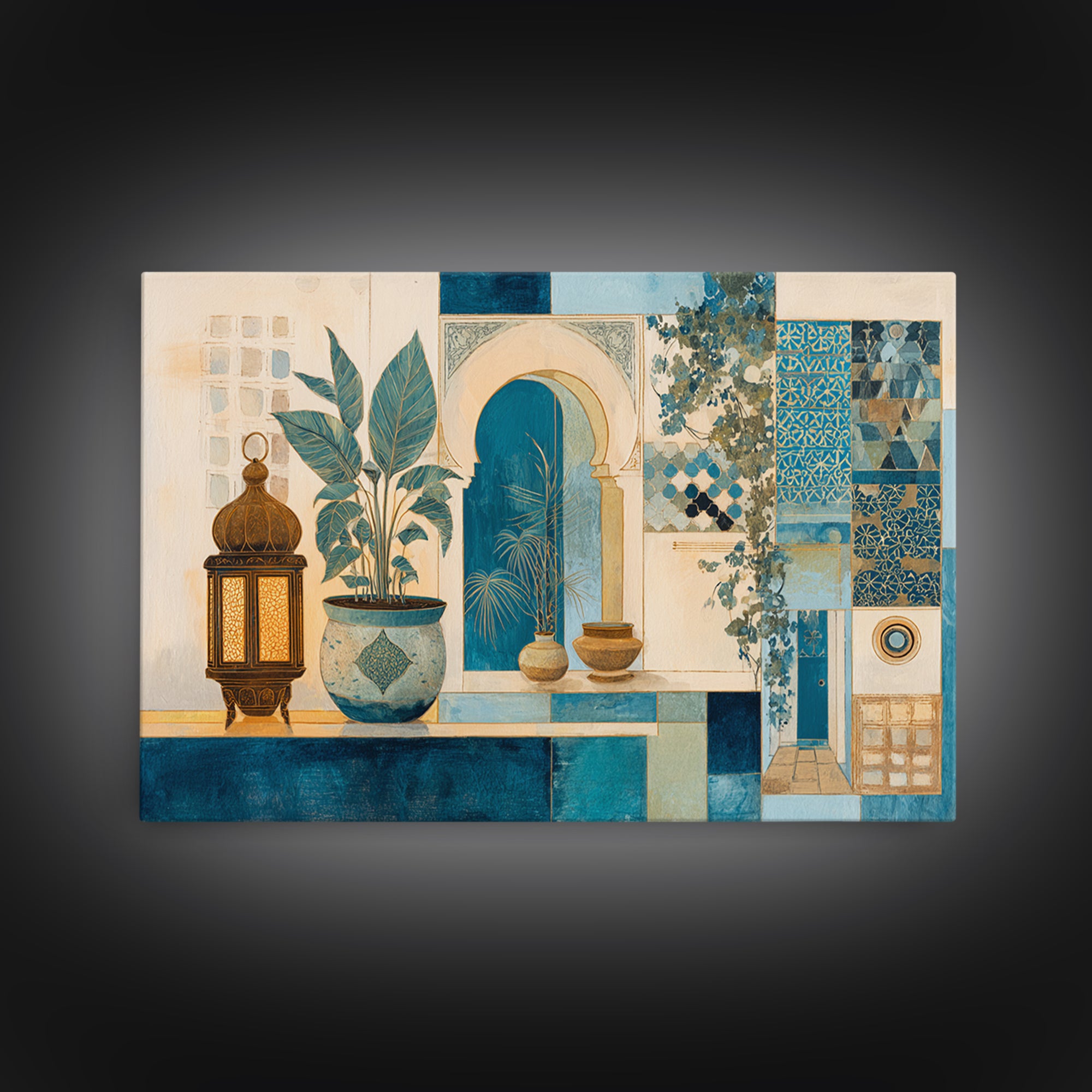Moroccan Influenced Lantern Canvas Print, Mediterranean Art, Modern Wall Art, Living Room Decor, Oil Painting, Azure, MAR-3x2-61