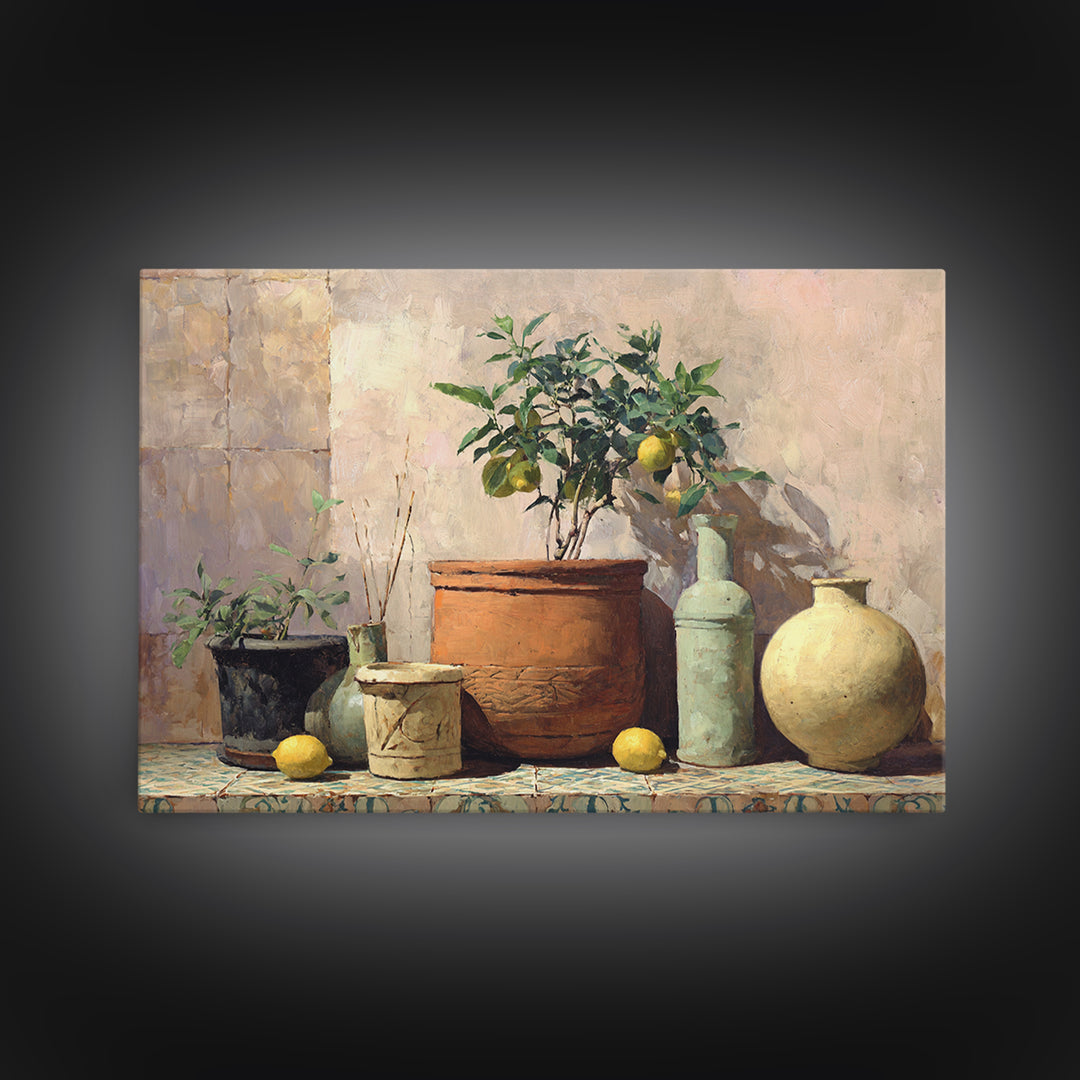 Citrus Tree in Clay Pot Canvas Print, Mediterranean Art, Digital Print, Living Room Decor, Fine Art, Azure, Coastal Decor, MAR-3x2-62