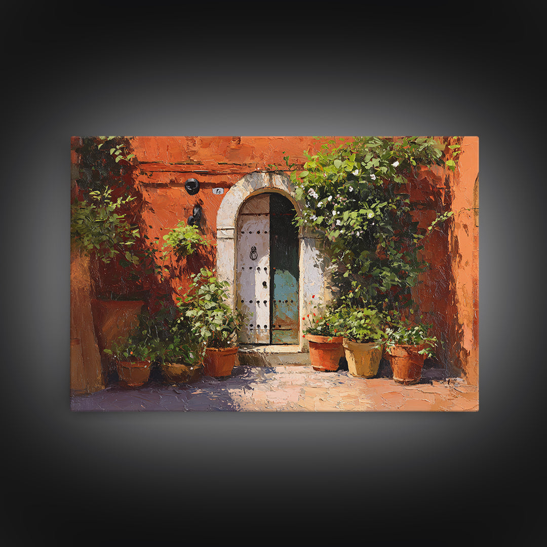 Sunlit Courtyard Doorway Framed Canvas Print, Mediterranean Art, Contemporary Art, Living Room Decor, Oil Painting, Azure, MAR-3x2-63