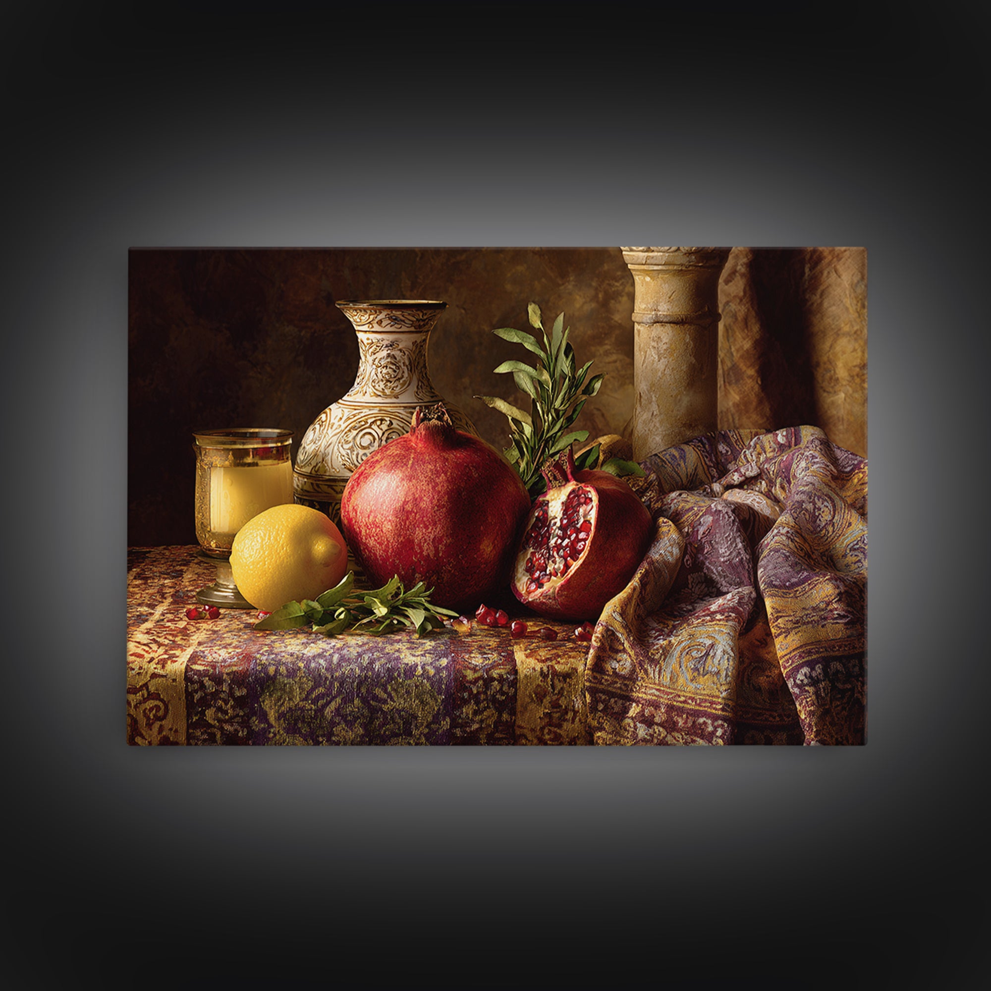 Pomegranate Still Life Framed Canvas Print, Mediterranean Art, Digital Print, Living Room Decor, Watercolor Art, Azure, MAR-3x2-71