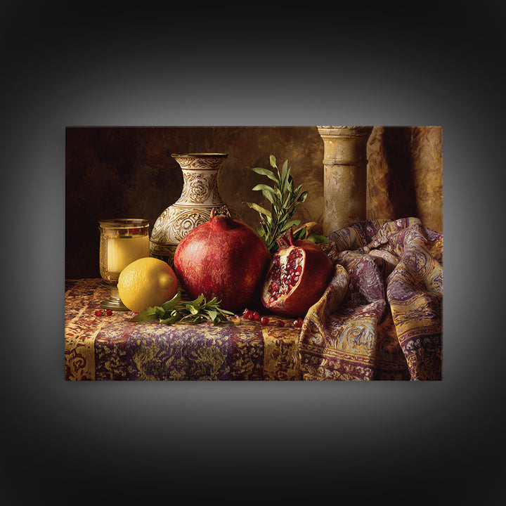 Pomegranate Still Life Framed Canvas Print, Mediterranean Art, Digital Print, Living Room Decor, Watercolor Art, Azure, MAR-3x2-71