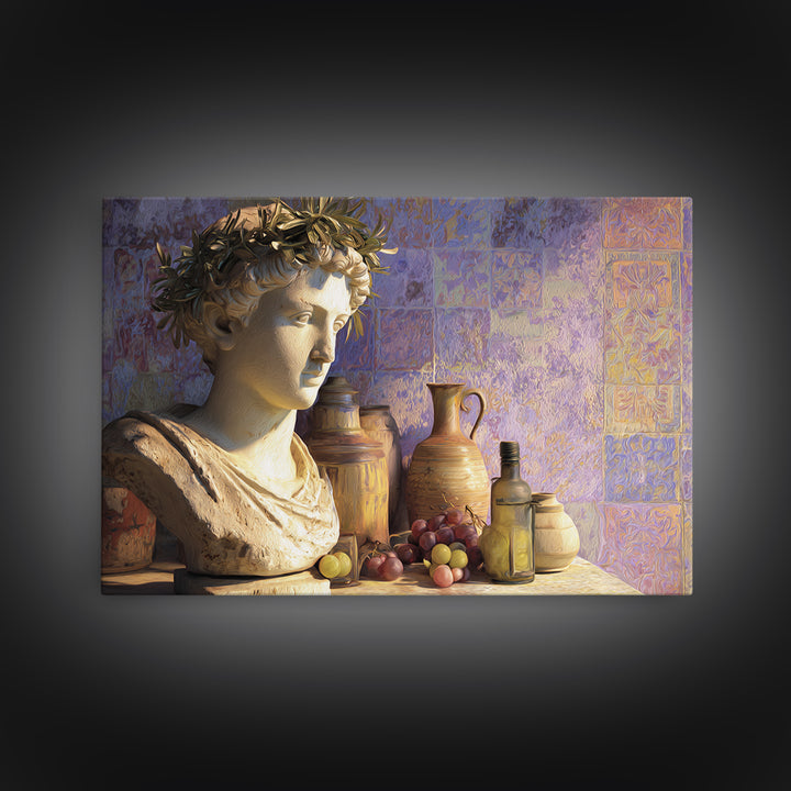 Roman Statue Bust Framed Canvas Print, Mediterranean Art, Farmhouse Decor, Living Room Decor, Oil Painting, Azure, MAR-3x2-74