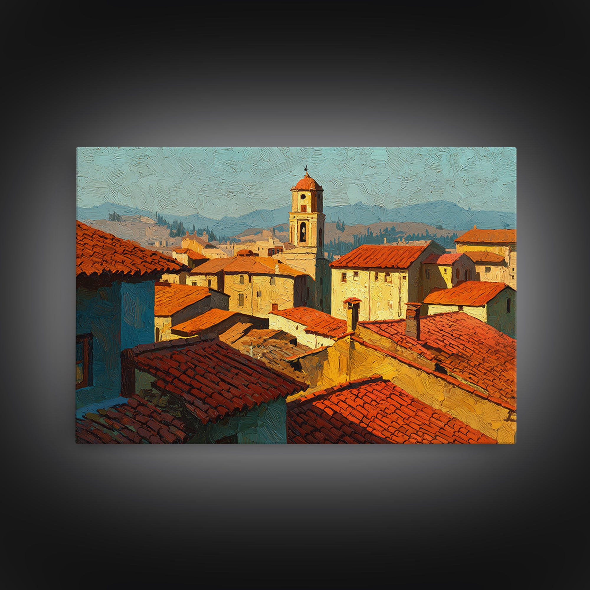 Sunset over Red Tiled Rooftops Canvas Print, Mediterranean Art, Landscape Wall Art, Living Room Decor, Fine Art, Azure, MAR-3x2-75