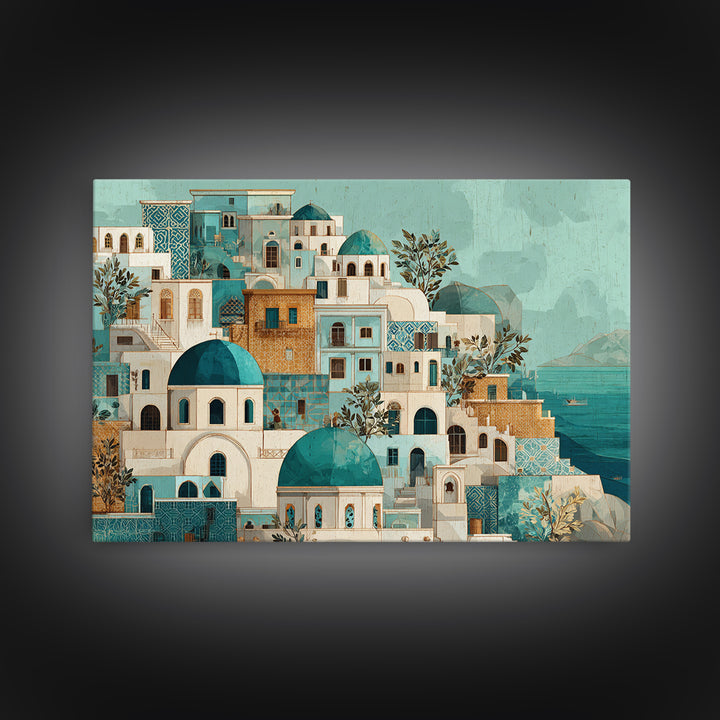 Greek Island White Buildings Above Blue Sea Framed Canvas Print, Mediterranean Art, Coastal Art, Living Room Decor, Azure, MAR-3x2-77