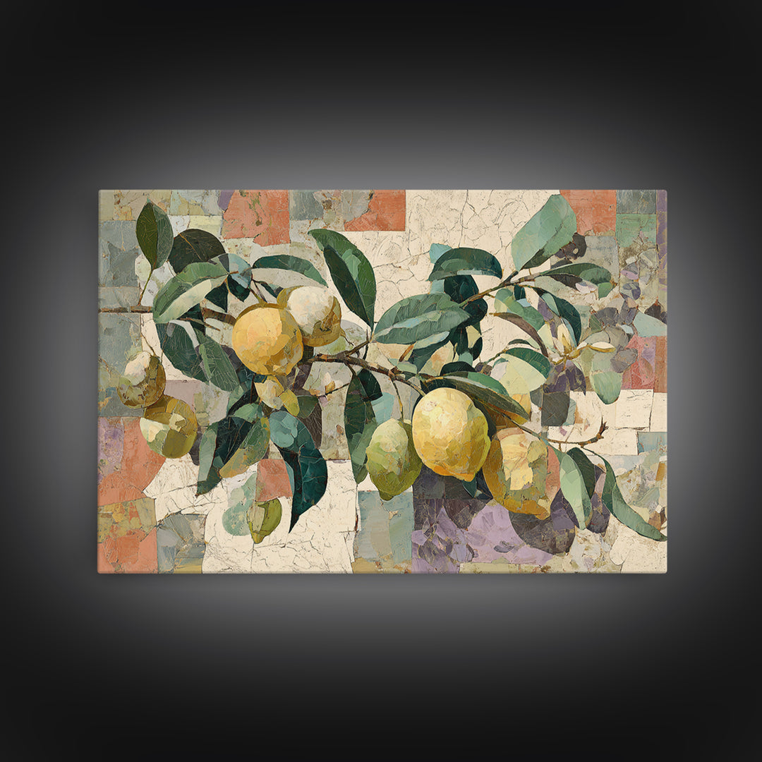 Olive Branch and Lemons on Terracotta Ground Canvas Print, Mediterranean Art, Coastal Wall Art, Living Room Decor, Azure, MAR-3x2-78