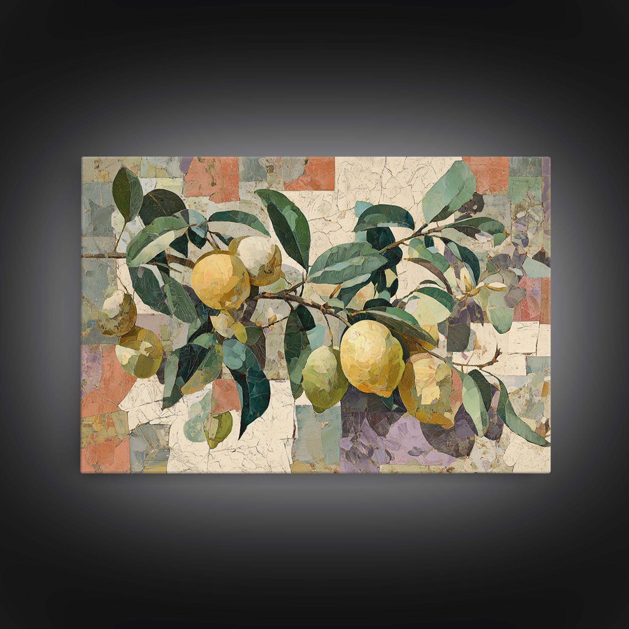 Olive Branch and Lemons on Terracotta Ground Canvas Print, Mediterranean Art, Coastal Wall Art, Living Room Decor, Azure, MAR-3x2-78
