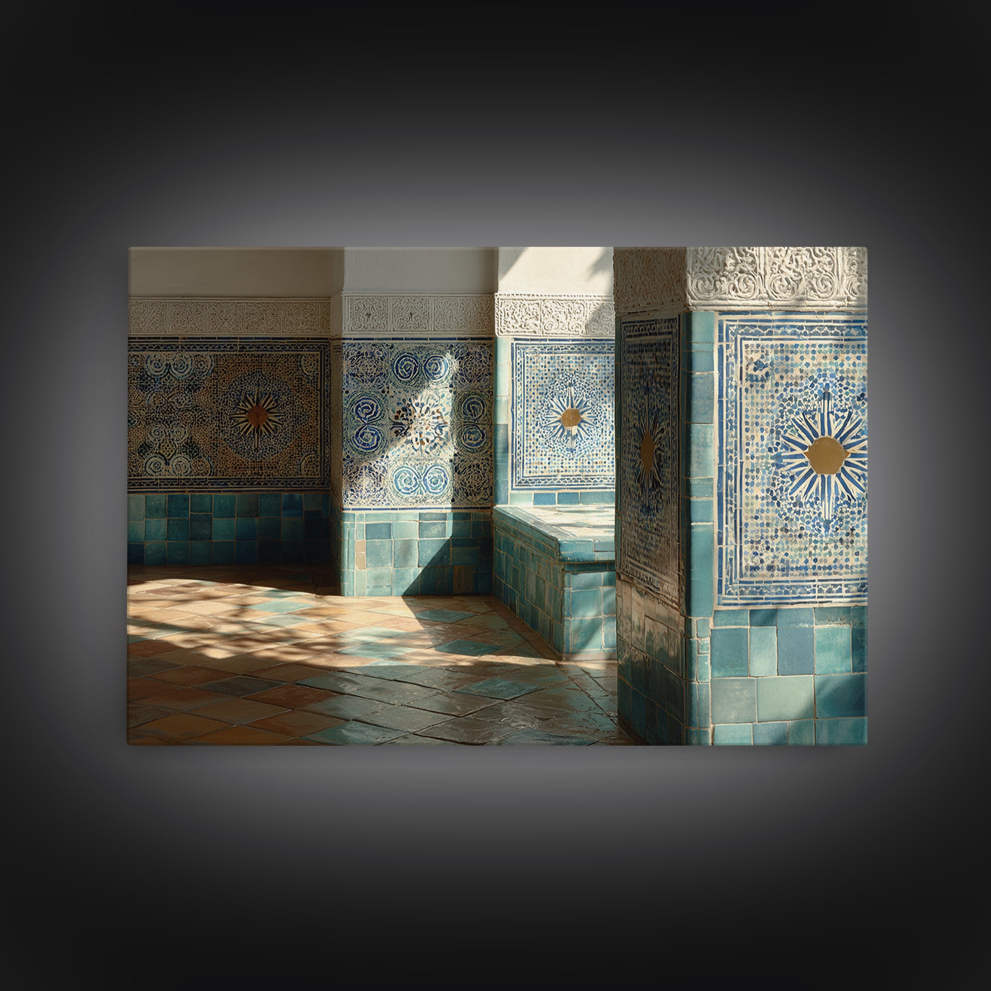 Blue and White Tile Pattern Framed Canvas Print, Mediterranean Art, Original Painting, Living Room Decor, Oil Painting, Azure, MAR-3x2-8