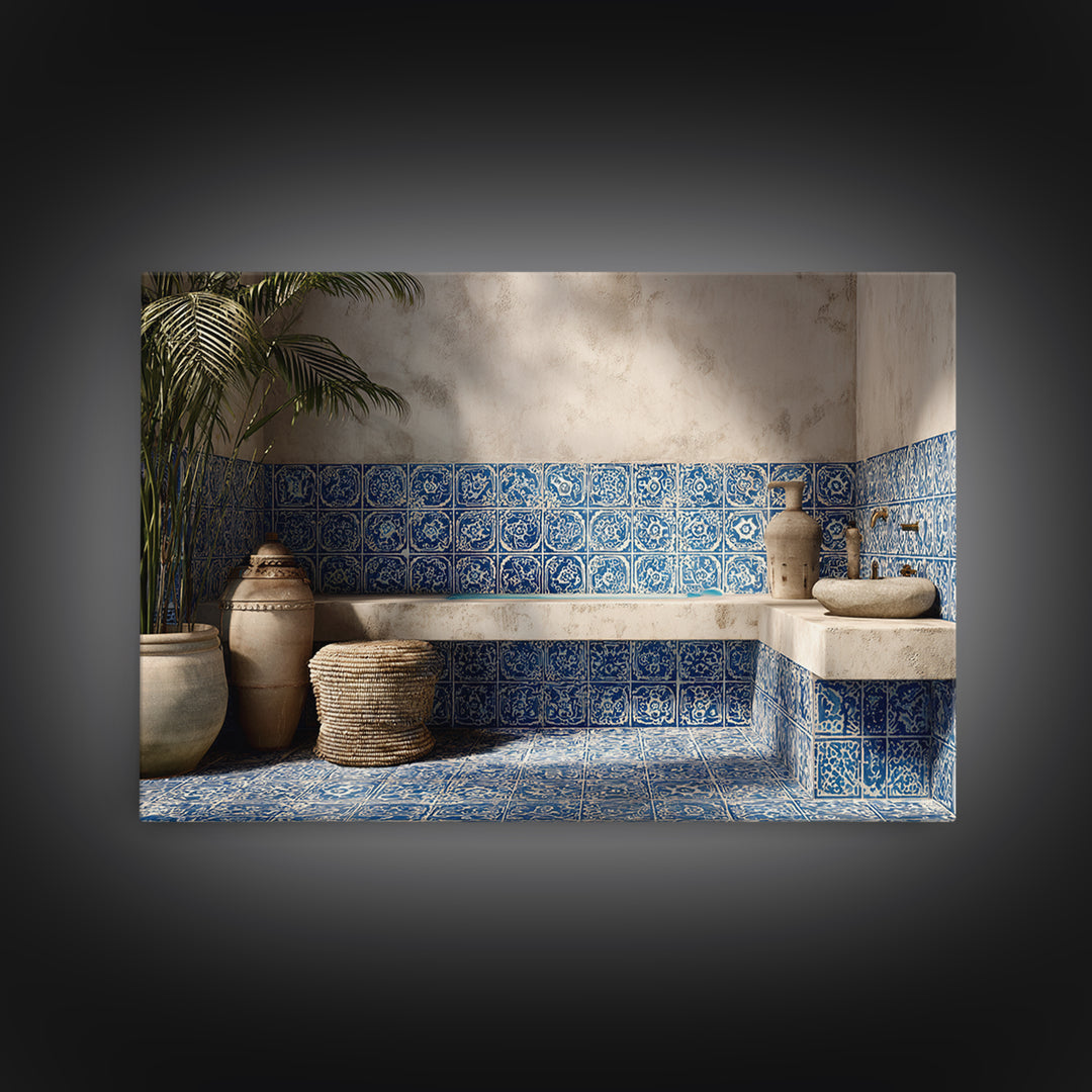 Blue and White Tile Pattern Framed Canvas Print, Mediterranean Art, Landscape Wall Art, Living Room Decor, Watercolor Art, MAR-3x2-80