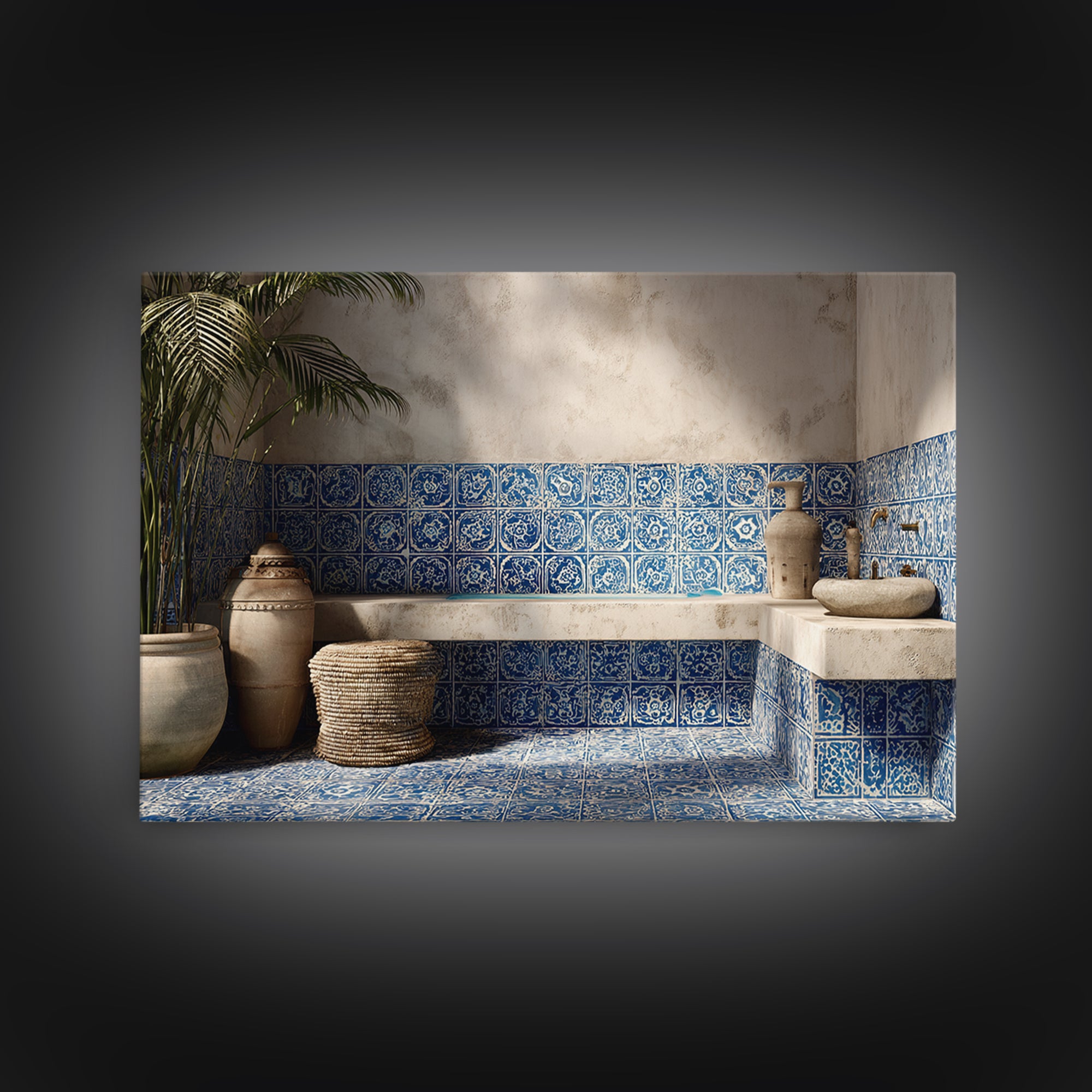 Blue and White Tile Pattern Framed Canvas Print, Mediterranean Art, Landscape Wall Art, Living Room Decor, Watercolor Art, MAR-3x2-80