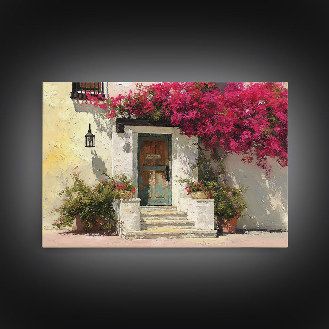 Bougainvillea Cascading over Stone Wall Framed Canvas Print, Mediterranean Art, Watercolor Art, Living Room Decor, Azure, MAR-3x2-81
