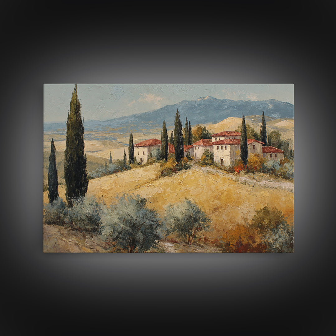 Tuscan Cypress Trees and Golden Hillside Canvas Print, Mediterranean Art, Digital Art Prints, Living Room Decor, Azure, MAR-3x2-82