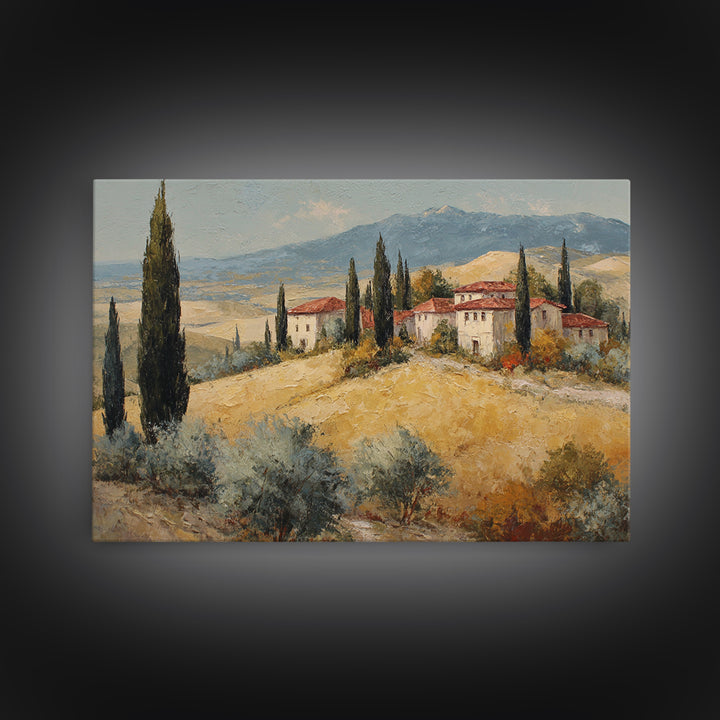 Tuscan Cypress Trees and Golden Hillside Canvas Print, Mediterranean Art, Digital Art Prints, Living Room Decor, Azure, MAR-3x2-82