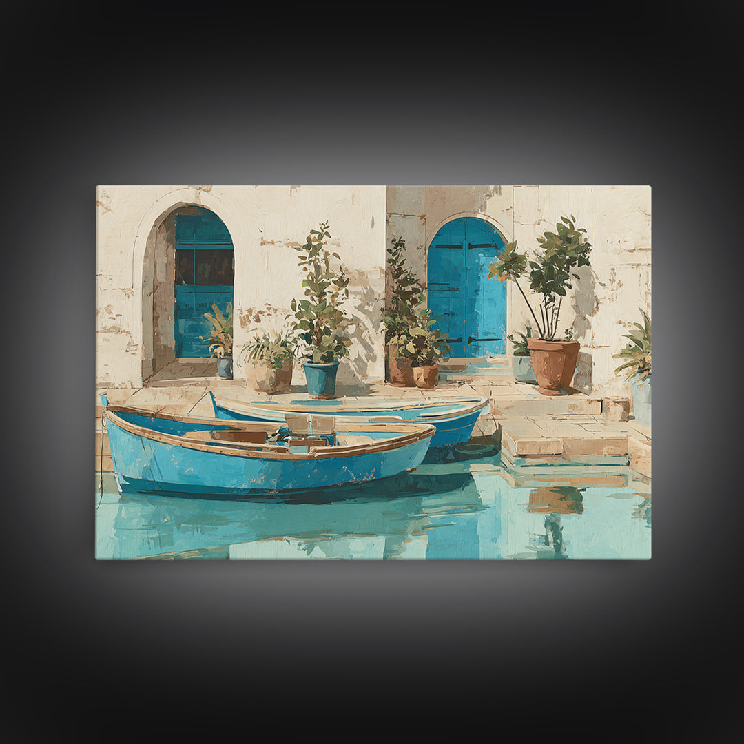 Coastal Fishing Boats Canvas Print, Mediterranean Art, Neutral Decor, Living Room Decor, Fine Art, Azure, Home Decor, MAR-3x2-83
