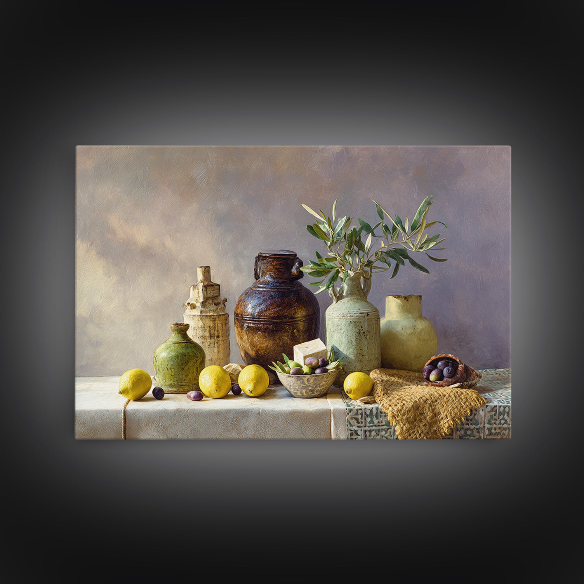 Figs Olives and Cheese Still Life Canvas Print, Mediterranean Art, Downloadable Art, Living Room Decor, Fine Art, Azure, MAR-3x2-84