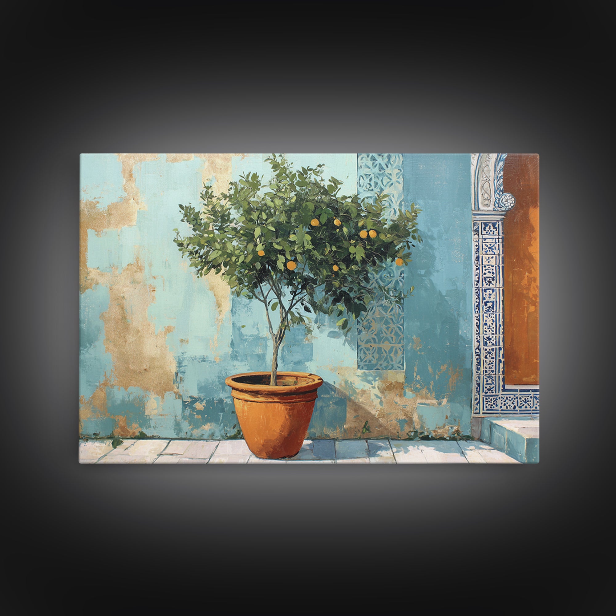 Citrus Tree in Clay Pot Framed Canvas Print, Mediterranean Art, Watercolor Painting, Living Room Decor, Fine Art, Azure, MAR-3x2-86
