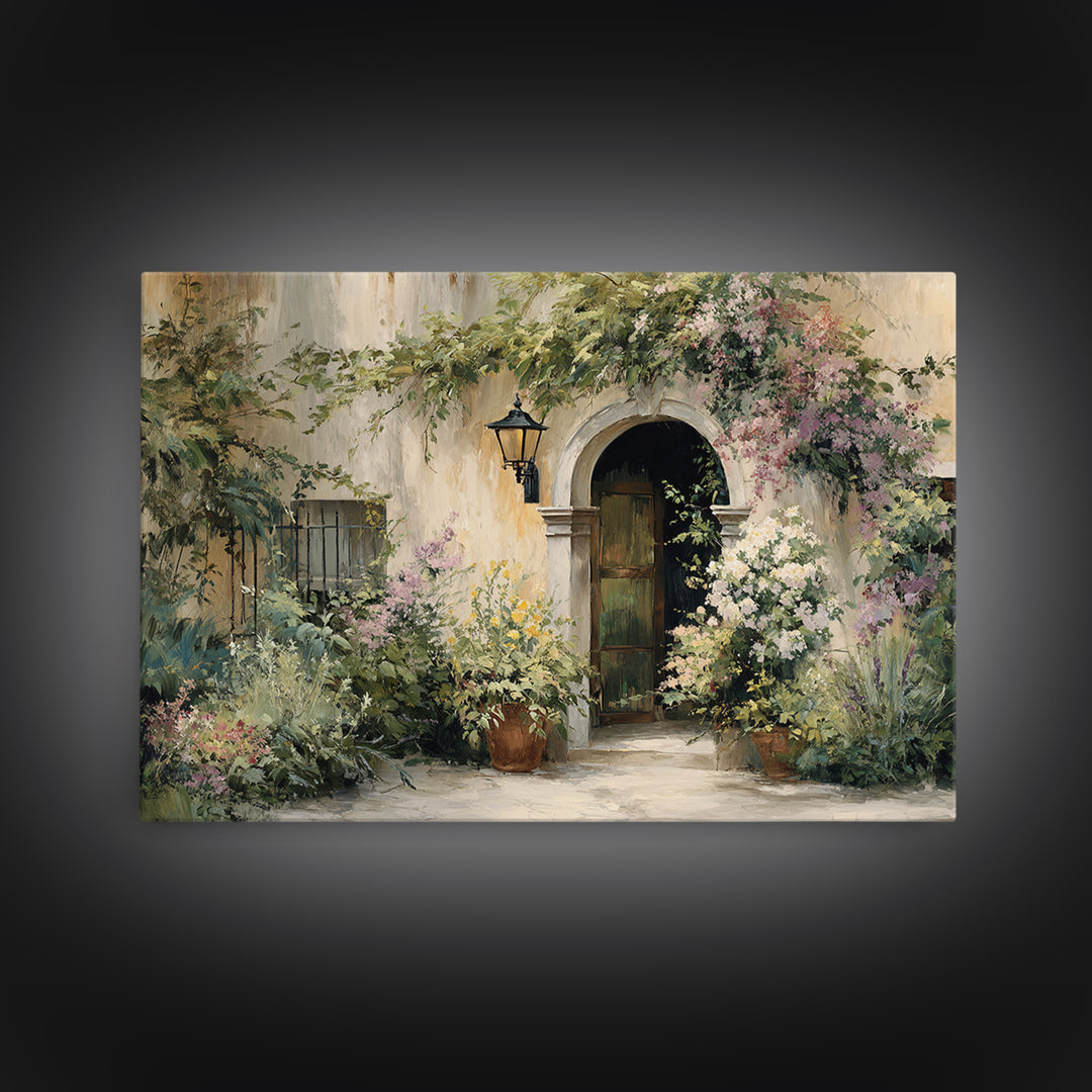 Sunlit Courtyard Doorway Framed Canvas Print, Mediterranean Art, Landscape Painting, Living Room Decor, Fine Art, Azure, MAR-3x2-87