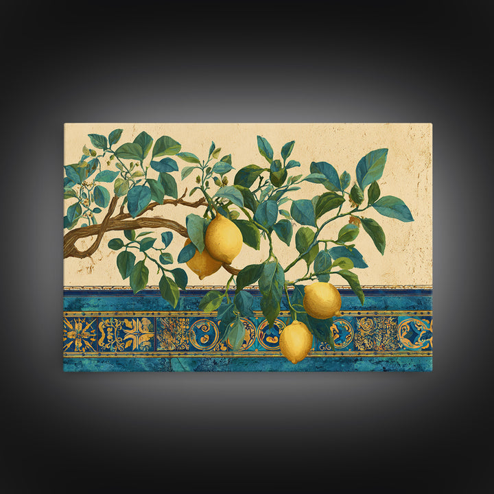Sicilian Lemon Branch on Ivory Background Canvas Print, Mediterranean Art, Minimalist Wall Art, Living Room Decor, Azure, MAR-3x2-89