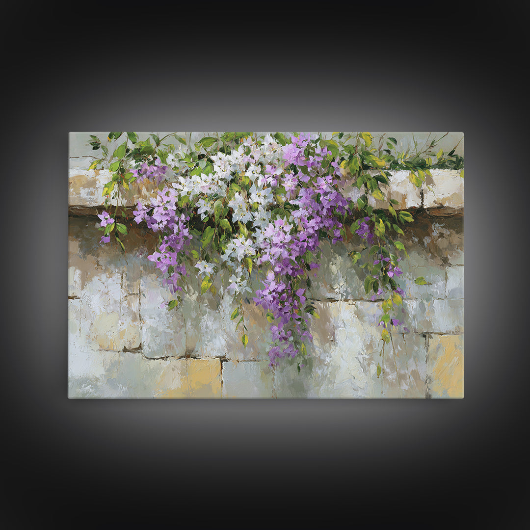 Bougainvillea Cascading over Stone Wall Framed Canvas Print, Mediterranean Art, Digital Print, Living Room Decor, Azure, MAR-3x2-9