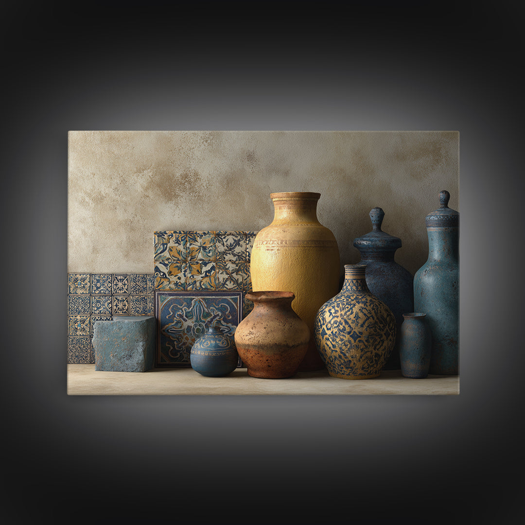 Spanish Tile Ornament Framed Canvas Print, Mediterranean Art, Coastal Wall Decor, Living Room Decor, Fine Art, Azure, MAR-3x2-92
