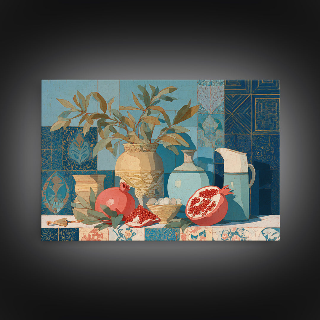 Pomegranate Still Life Framed Canvas Print, Mediterranean Art, Travel Poster, Living Room Decor, Fine Art, Azure, MAR-3x2-95