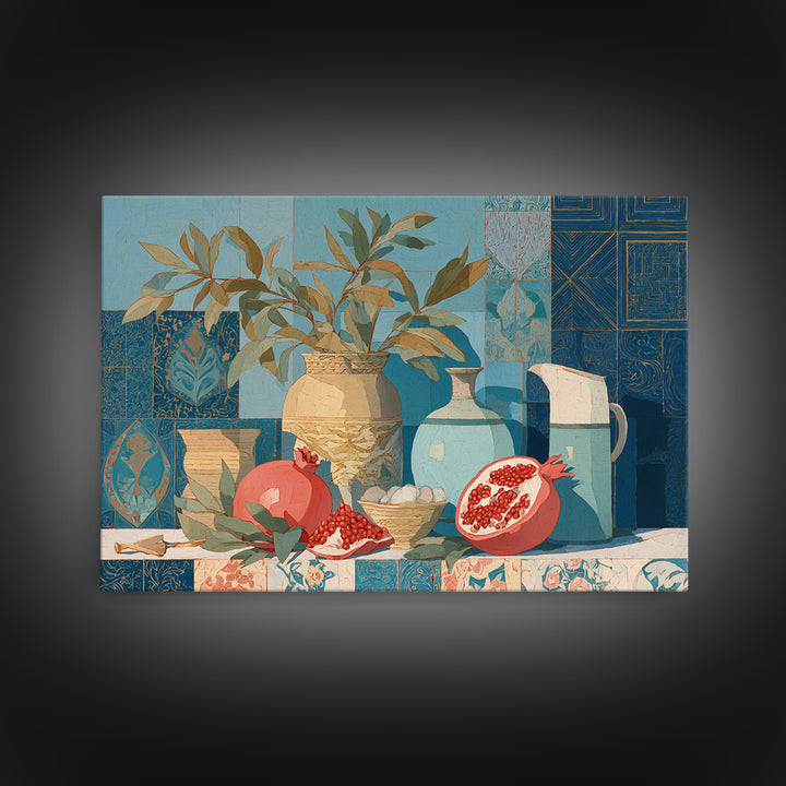 Pomegranate Still Life Framed Canvas Print, Mediterranean Art, Travel Poster, Living Room Decor, Fine Art, Azure, MAR-3x2-95