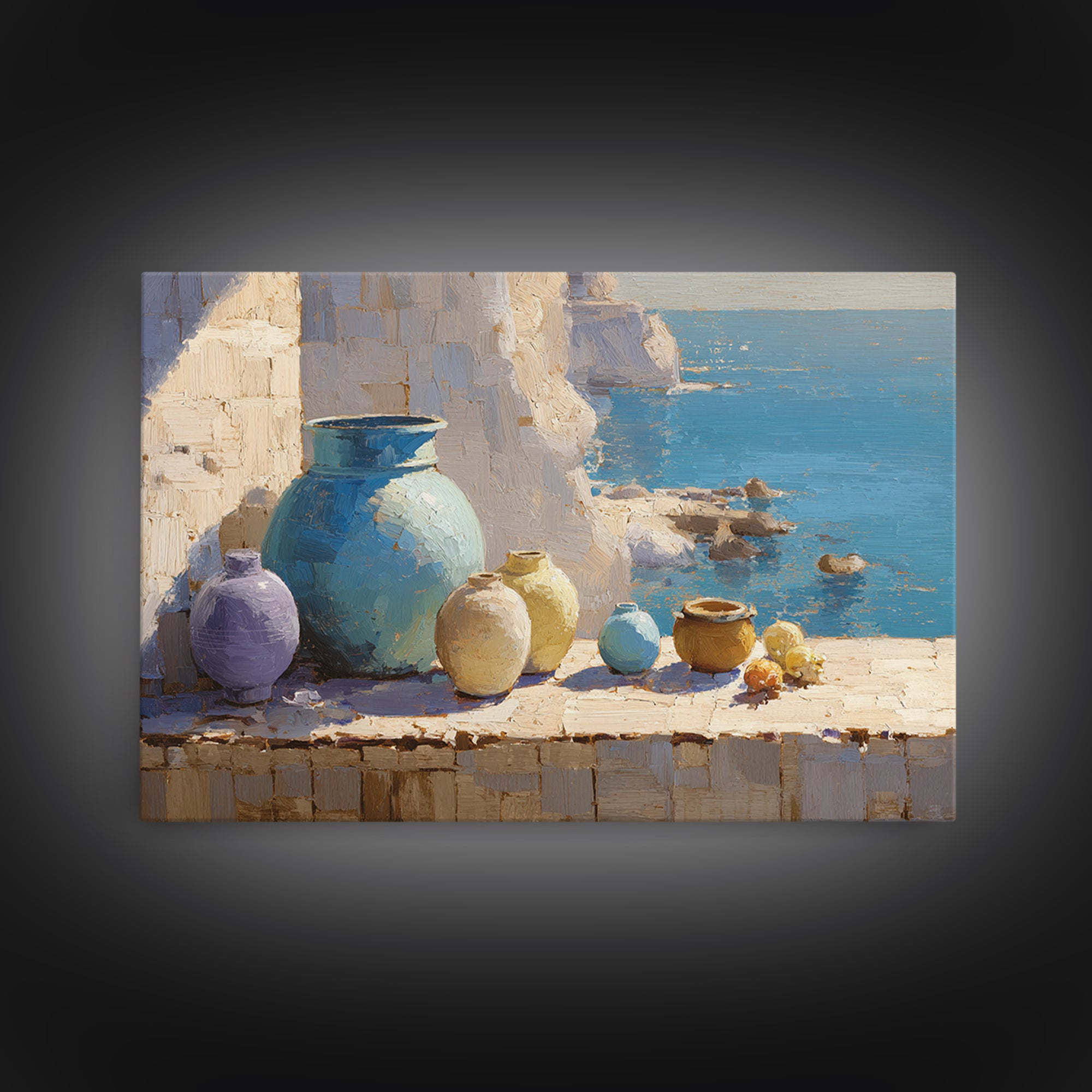 Coastal Cliffs with Sparkling Blue Water Framed Canvas Print, Mediterranean Art, Living Room Art, Living Room Decor, Azure, MAR-3x2-96