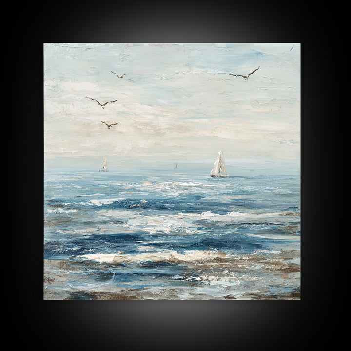Elegant Moonlit Ocean Horizon Framed Canvas Print, Master Bedroom, Modern Decor, Bedroom Decor, Fine Art, Sanctuary, Wall Decor, MAS-1x1-1