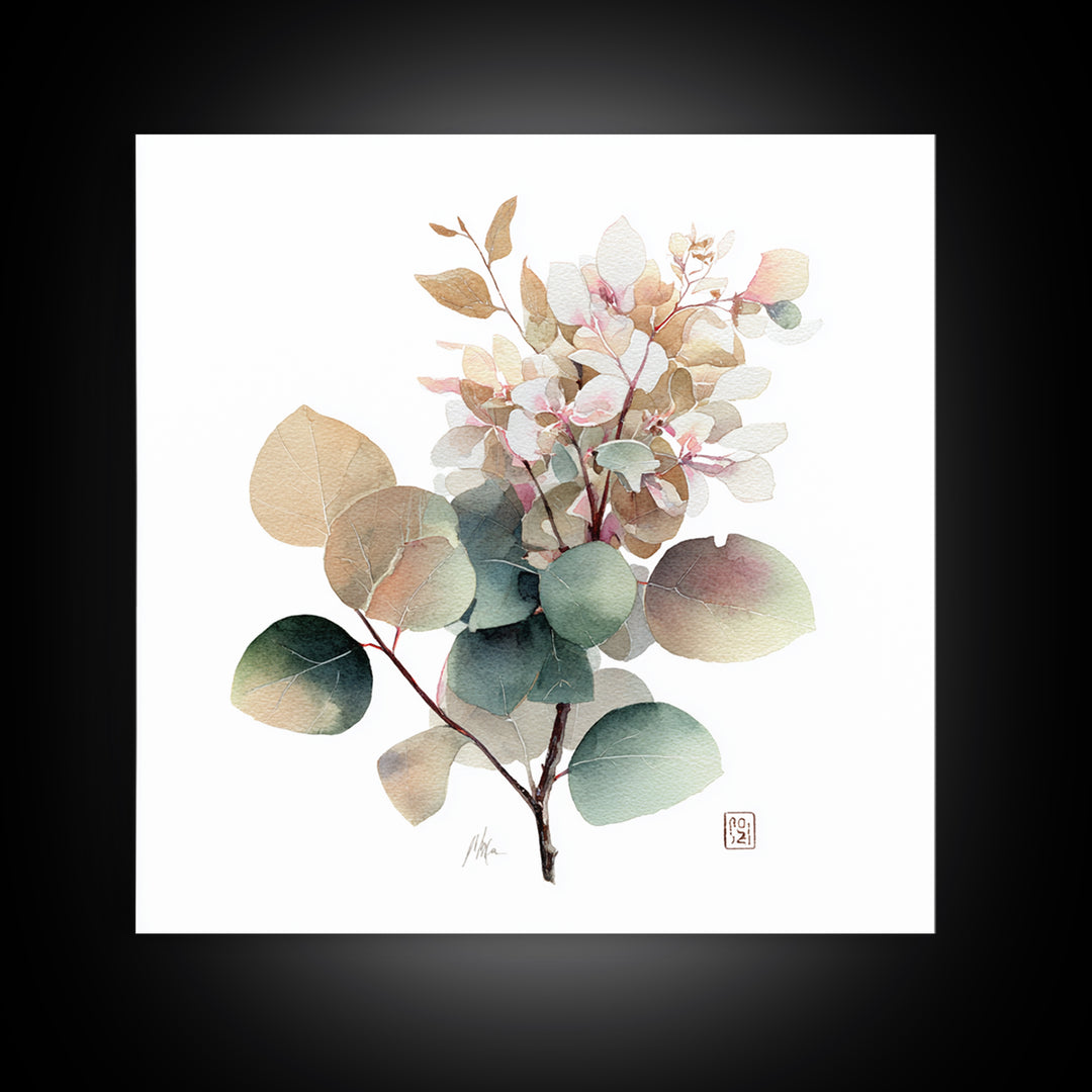 Gentle Eucalyptus Watercolor Branches Framed Canvas Print, Master Bedroom, Art Print, Bedroom Decor, Oil Painting, Sanctuary, MAS-1x1-12