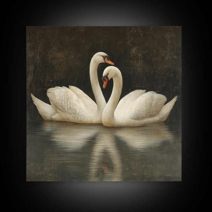 Romantic Swan Pair on Dark Water Canvas Print, Master Bedroom, Farmhouse Wall Decor, Bedroom Decor, Oil Painting, Sanctuary, MAS-1x1-15