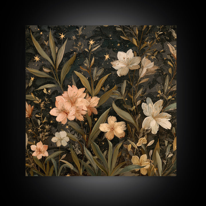 Night Garden with Pale Flowers and Stars Canvas Print, Master Bedroom, Farmhouse Decor, Bedroom Decor, Fine Art, Sanctuary, MAS-1x1-23