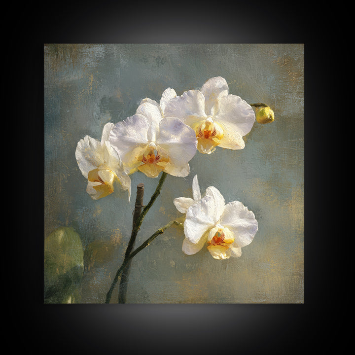 White Orchids Against Warm Gray Background Framed Canvas Print, Master Bedroom, Bedroom Decor, Abstract Art, Sanctuary, MAS-1x1-33