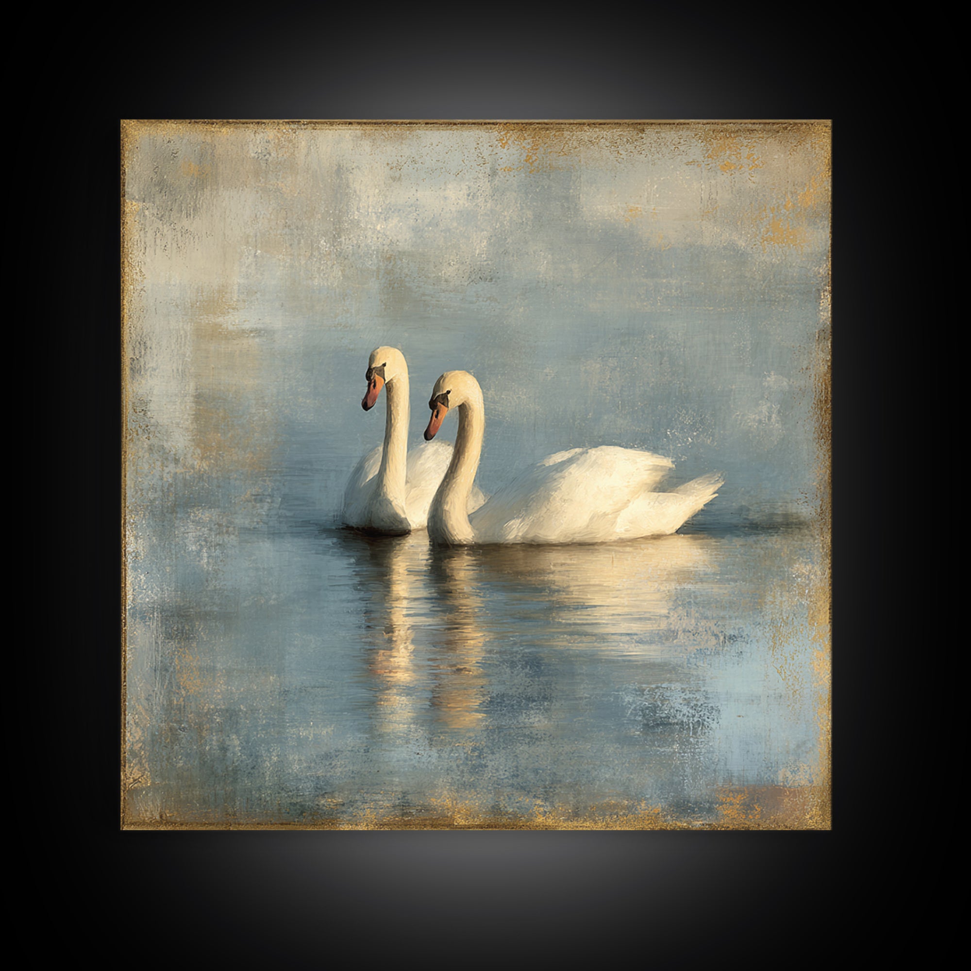 Romantic Swan Pair on Dark Water Framed Canvas Print, Master Bedroom, Living Room Prints, Bedroom Decor, Fine Art, Sanctuary, MAS-1x1-39